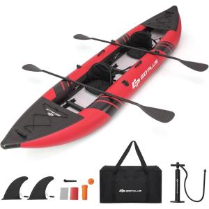imageGoplus Inflatable Kayak 2Person Kayak Set for Adults with 507 LBS Weight Capacity 2 Aluminium Oars EVA Padded Seat 2 Fins Hand Pump Carry Bag Repair Kit Portable Touring KayaksRed