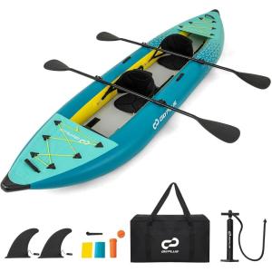 imageGoplus Inflatable Kayak 2Person Kayak Set for Adults with 507 LBS Weight Capacity 2 Aluminium Oars EVA Padded Seat 2 Fins Hand Pump Carry Bag Repair Kit Portable Touring KayaksBlueGreen