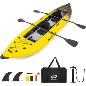 imageGoplus Inflatable Kayak 2Person Kayak Set for Adults with 507 LBS Weight Capacity 2 Aluminium Oars EVA Padded Seat 2 Fins Hand Pump Carry Bag Repair Kit Portable Touring KayaksYellow