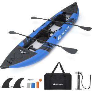 imageGoplus Inflatable Kayak 2Person Kayak Set for Adults with 507 LBS Weight Capacity 2 Aluminium Oars EVA Padded Seat 2 Fins Hand Pump Carry Bag Repair Kit Portable Touring KayaksBlue