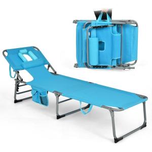 imageGoplus Tanning Chair Folding Adjustable Patio Lounge Chair with Face Hole Removable Pillow 330LBS Carry Strap Outdoor Sunbathing Chair Lightweight Portable Beach Lounge Chair 1 BeigeSky Blue