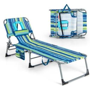 imageGoplus Tanning Chair Folding Adjustable Patio Lounge Chair with Face Hole Removable Pillow 330LBS Carry Strap Outdoor Sunbathing Chair Lightweight Portable Beach Lounge Chair 1 BeigeBlue Stripe