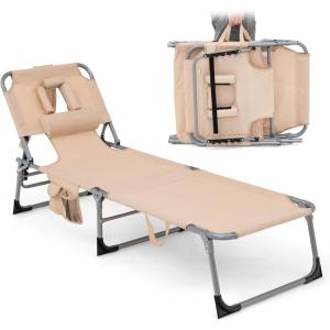 imageGoplus Tanning Chair Folding Adjustable Patio Lounge Chair with Face Hole Removable Pillow 330LBS Carry Strap Outdoor Sunbathing Chair Lightweight Portable Beach Lounge Chair 1 BeigeBeige