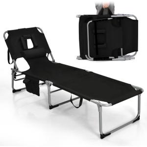 imageGoplus Tanning Chair Folding Adjustable Patio Lounge Chair with Face Hole Removable Pillow 330LBS Carry Strap Outdoor Sunbathing Chair Lightweight Portable Beach Lounge Chair 1 BeigeBlack