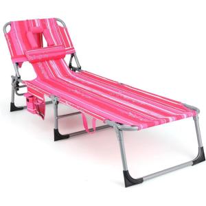 imageGoplus Tanning Chair Folding Adjustable Patio Lounge Chair with Face Hole Removable Pillow 330LBS Carry Strap Outdoor Sunbathing Chair Lightweight Portable Beach Lounge Chair 1 BeigePink Stripe