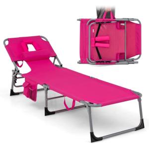 imageGoplus Tanning Chair Folding Adjustable Patio Lounge Chair with Face Hole Removable Pillow 330LBS Carry Strap Outdoor Sunbathing Chair Lightweight Portable Beach Lounge Chair 1 BeigePink