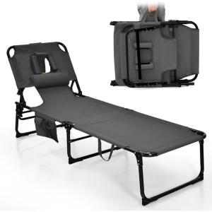 imageGoplus Tanning Chair Folding Adjustable Patio Lounge Chair with Face Hole Removable Pillow 330LBS Carry Strap Outdoor Sunbathing Chair Lightweight Portable Beach Lounge Chair 1 BeigeGrey