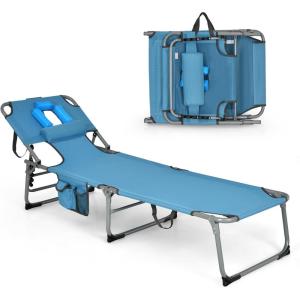 imageGoplus Tanning Chair Folding Adjustable Patio Lounge Chair with Face Hole Removable Pillow 330LBS Carry Strap Outdoor Sunbathing Chair Lightweight Portable Beach Lounge Chair 1 BeigeBlue