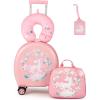 imageGoplus 4 Piece Kids Luggage Set 14 Carryon Hardside Spinner Luggage w 10 Backpack Neck Pillow Luggage Tag Toddler Travel Rolling Suitcase for Boy Girl Children Black PenguinPink Horse