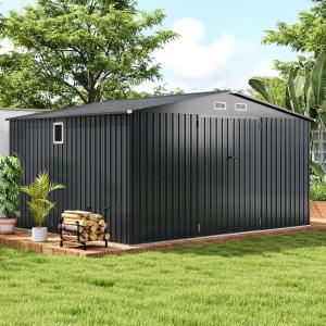 imageGoplus 12 x 98 FT Outdoor Storage Shed AllWeather ampamp Rustproof Galvanized Metal Utility Tool Shed wLockable Door Pitched Roof Windows Backyard Lawn Garden Storage House for Bike Tool Lawnmower