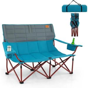 imageGoplus 3 Person Camping Chair for Adults Low Outdoor Folding Oversized Couch Chair wCup Holders ampamp Thick Padding HeavyDuty Lawn Chair for Beach Picnic Travel Supports 900 LBS 3Person SeatBlue