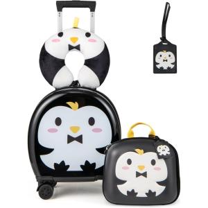 imageGoplus 4 Piece Kids Luggage Set 14 Carryon Hardside Spinner Luggage w 10 Backpack Neck Pillow Luggage Tag Toddler Travel Rolling Suitcase for Boy Girl Children Black PenguinBlack Penguin