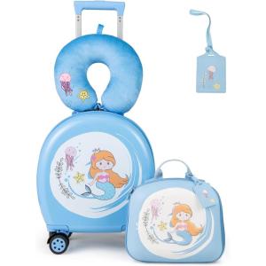 imageGoplus 4 Piece Kids Luggage Set 14 Carryon Hardside Spinner Luggage w 10 Backpack Neck Pillow Luggage Tag Toddler Travel Rolling Suitcase for Boy Girl Children Black PenguinBlue Mermaid