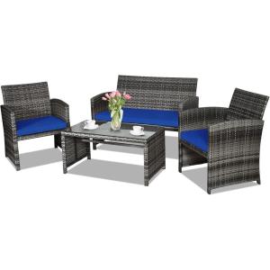 imageGoplus 4Piece Rattan Patio Furniture Set Outdoor Wicker Conversation Sofa with Weather Resistant Cushions and Tempered Glass Tabletop for Lawn Backyard Pool Garden WhiteBlack WickerBlue
