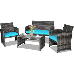 imageGoplus 4Piece Rattan Patio Furniture Set Outdoor Wicker Conversation Sofa with Weather Resistant Cushions and Tempered Glass Tabletop for Lawn Backyard Pool Garden WhiteBlack WickerTurquoise