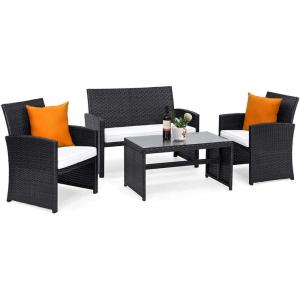 imageGoplus 4Piece Rattan Patio Furniture Set Outdoor Wicker Conversation Sofa with Weather Resistant Cushions and Tempered Glass Tabletop for Lawn Backyard Pool Garden WhiteBlack WickerWhiteblack Wicker