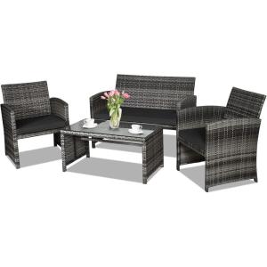 imageGoplus 4Piece Rattan Patio Furniture Set Outdoor Wicker Conversation Sofa with Weather Resistant Cushions and Tempered Glass Tabletop for Lawn Backyard Pool Garden WhiteBlack WickerBlack