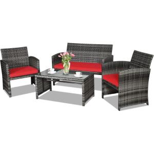 imageGoplus 4Piece Rattan Patio Furniture Set Outdoor Wicker Conversation Sofa with Weather Resistant Cushions and Tempered Glass Tabletop for Lawn Backyard Pool Garden WhiteBlack WickerRed