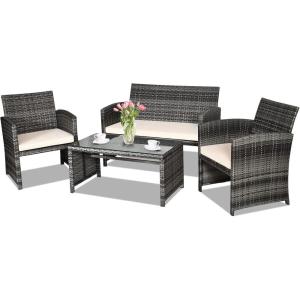 imageGoplus 4Piece Rattan Patio Furniture Set Outdoor Wicker Conversation Sofa with Weather Resistant Cushions and Tempered Glass Tabletop for Lawn Backyard Pool Garden WhiteBlack WickerBeige