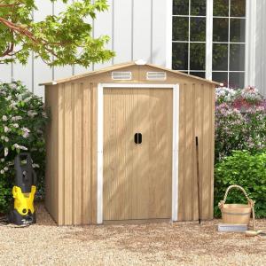 imageGoplus 6 x 4 Woodgrain Outdoor Storage Shed Galvanized Metal Tool House Organizer w 4 Vents Lockable Doors Waterproof Garden Sheds ampamp Outdoor Storage for Backyard Lawn Patio NaturalNatural