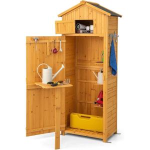 imageGoplus AllinOne Storage Shed 71quot Tall Wooden Lockable Cabinet wFoldable Work Table Vertical Utility Tool Organizer wShelves ampamp Hooks Waterproof Garden Shed for Patio Backyard