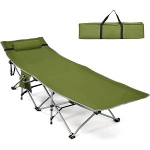 imageGoplus Camping Cot Folding Camping Bed for Adults wCarrying Bag 500 LBS Max Load Side Pocket Detachable Pillow Lightweight Portable Sleeping Cot for Home Office Hiking PicnicGreen