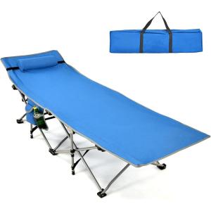 imageGoplus Camping Cot Folding Camping Bed for Adults wCarrying Bag 500 LBS Max Load Side Pocket Detachable Pillow Lightweight Portable Sleeping Cot for Home Office Hiking PicnicBlue