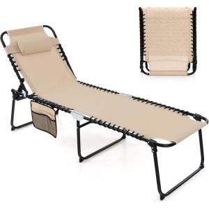 imageGoplus Chaise Lounge Chair Outdoor Folding 5Postion Beach Lounge Chair with Detachable Pillow Side Pocket Sunbathing Lounge Chair Adjustable Tanning Chair for Patio Lawn Pool YardBeige