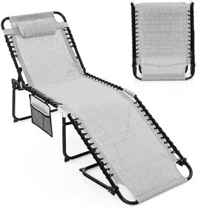 imageGoplus Chaise Lounge Chair Outdoor Folding 5Postion Beach Lounge Chair with Detachable Pillow Side Pocket Sunbathing Lounge Chair Adjustable Tanning Chair for Patio Lawn Pool YardGrey