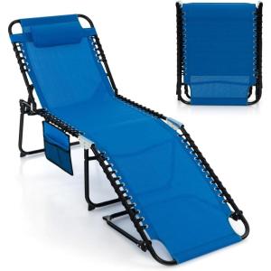 imageGoplus Chaise Lounge Chair Outdoor Folding 5Postion Beach Lounge Chair with Detachable Pillow Side Pocket Sunbathing Lounge Chair Adjustable Tanning Chair for Patio Lawn Pool YardBlue