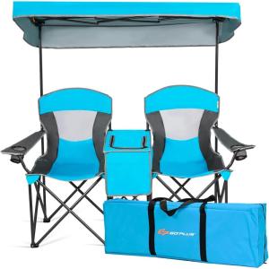imageGoplus Double Beach Chair with Canopy Shade Folding Lawn Camping Chairs with Sunshade ampamp Mini Table Beverage Holder ampamp Carrying Bag for Outdoor Travel Hiking Fishing PoolsideBlue