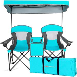 imageGoplus Double Beach Chair with Canopy Shade Folding Lawn Camping Chairs with Sunshade ampamp Mini Table Beverage Holder ampamp Carrying Bag for Outdoor Travel Hiking Fishing PoolsideLake Blue