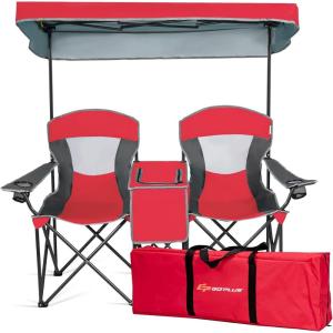 imageGoplus Double Beach Chair with Canopy Shade Folding Lawn Camping Chairs with Sunshade ampamp Mini Table Beverage Holder ampamp Carrying Bag for Outdoor Travel Hiking Fishing PoolsideRed