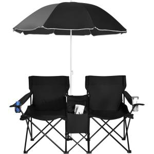 imageGoplus Double Camping Chair with Umbrella Folding Loveseat Chairs wCanopy Shade Carrying Bag Table Cup Holder Portable Beach Chairs Outdoor Picnic Patio BlackBlack
