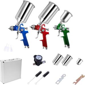 imageGoplus HVLP Air Spray Gun Set 2 Full Size ampamp 1 Detail Spray Guns w10mm14mm17mm Nozzles Auto Gravity Feed Spray Gun wAir Regulator Automotive Paint Spray Gun for Car Furniture Primer Basecoat