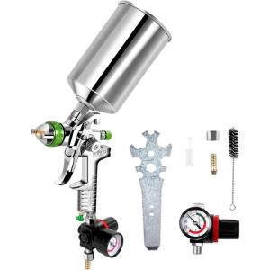 imageGoplus HVLP Spray Gun Gravity Feed Paint Gun Auto Paint Air Spray Gun 25mm Nozzle Size 1000 cc Aluminum Cup WAir Regulator