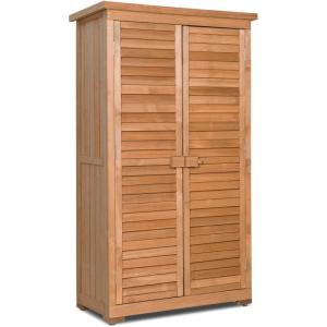 imageGoplus Outdoor Storage Cabinet Wooden Storage Shed with Latch Detachable Shelves ampamp Weather Resistant Pitch Roof Vertical Garden Tool Organizer for Outside Yard Patio DeckNatural