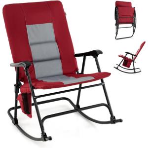 imageGoplus Oversized Folding Rocking Chair Padded Patio Lounge Rocker wMetal Frame Armrests Side Pocket Lightweight Portable Rocking Chair for Backyard Camping Travel Supports up to 500 lbs2RedRed