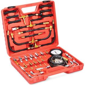 imageGoplus Profession Fuel Pressure Test Kit 0140PSI10 Bar Fuel Injection Pressure Gauge Tester wComplete Adapters Dual Scale Flex Hoses Fittings Lower Oil Warning Devices for Trucks Cars ATVs