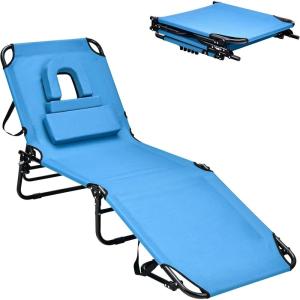 imageGoplus Tanning Chair Folding Beach Lounge Chair wFace Hole 350LBS Capacity Removable Pillow Carry Strap Adjustable Sunbathing Chair Patio Chaise Lounger for Outside Lawn Pool Adult 1 BeigeBlue