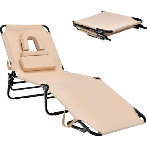 imageGoplus Tanning Chair Folding Beach Lounge Chair wFace Hole 350LBS Capacity Removable Pillow Carry Strap Adjustable Sunbathing Chair Patio Chaise Lounger for Outside Lawn Pool Adult 1 BeigeBeige
