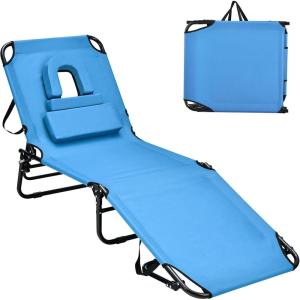 imageGoplus Tanning Chair Folding Beach Lounge Chair with Face Hole Removable Pillow 350LBS Capacity Carry Strap 5Position Adjustable Sunbathing Chair Portable Outside Lounge Chair for Patio PoolNavy