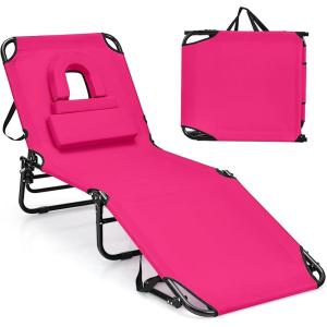 imageGoplus Tanning Chair Folding Beach Lounge Chair with Face Hole Removable Pillow 350LBS Capacity Carry Strap 5Position Adjustable Sunbathing Chair Portable Outside Lounge Chair for Patio PoolPink