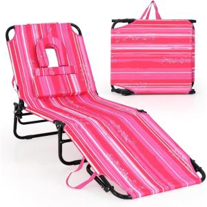 imageGoplus Tanning Chair Folding Beach Lounge Chair with Face Hole Removable Pillow 350LBS Capacity Carry Strap 5Position Adjustable Sunbathing Chair Portable Outside Lounge Chair for Patio PoolPink Stripe