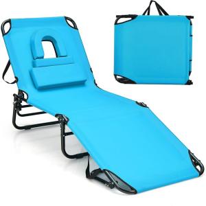 imageGoplus Tanning Chair Folding Beach Lounge Chair with Face Hole Removable Pillow 350LBS Capacity Carry Strap 5Position Adjustable Sunbathing Chair Portable Outside Lounge Chair for Patio PoolSky Blue