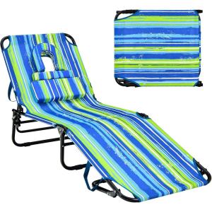 imageGoplus Tanning Chair Folding Beach Lounge Chair with Face Hole Removable Pillow 350LBS Capacity Carry Strap 5Position Adjustable Sunbathing Chair Portable Outside Lounge Chair for Patio PoolBlue Stripe