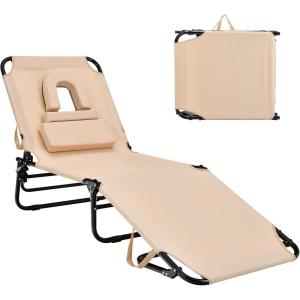 imageGoplus Tanning Chair Folding Beach Lounge Chair with Face Hole Removable Pillow 350LBS Capacity Carry Strap 5Position Adjustable Sunbathing Chair Portable Outside Lounge Chair for Patio PoolBeige