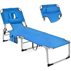 imageGoplus Tanning Chair Folding Beach Lounge Chair with Face ampampArm Hole 5Position AdjustableRemovable PillowSide Pocket Sunbathing Chair Portable Outdoor Lounge Chair for Patio Pool Lawn 1 BeigeNavy