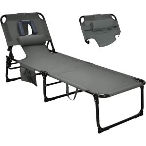 imageGoplus Tanning Chair Folding Beach Lounge Chair with Face ampampArm Hole 5Position AdjustableRemovable PillowSide Pocket Sunbathing Chair Portable Outdoor Lounge Chair for Patio Pool Lawn 1 BeigeGrey