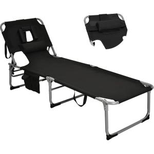 imageGoplus Tanning Chair Folding Beach Lounge Chair with Face ampampArm Hole 5Position AdjustableRemovable PillowSide Pocket Sunbathing Chair Portable Outdoor Lounge Chair for Patio Pool Lawn 1 BeigeBlack